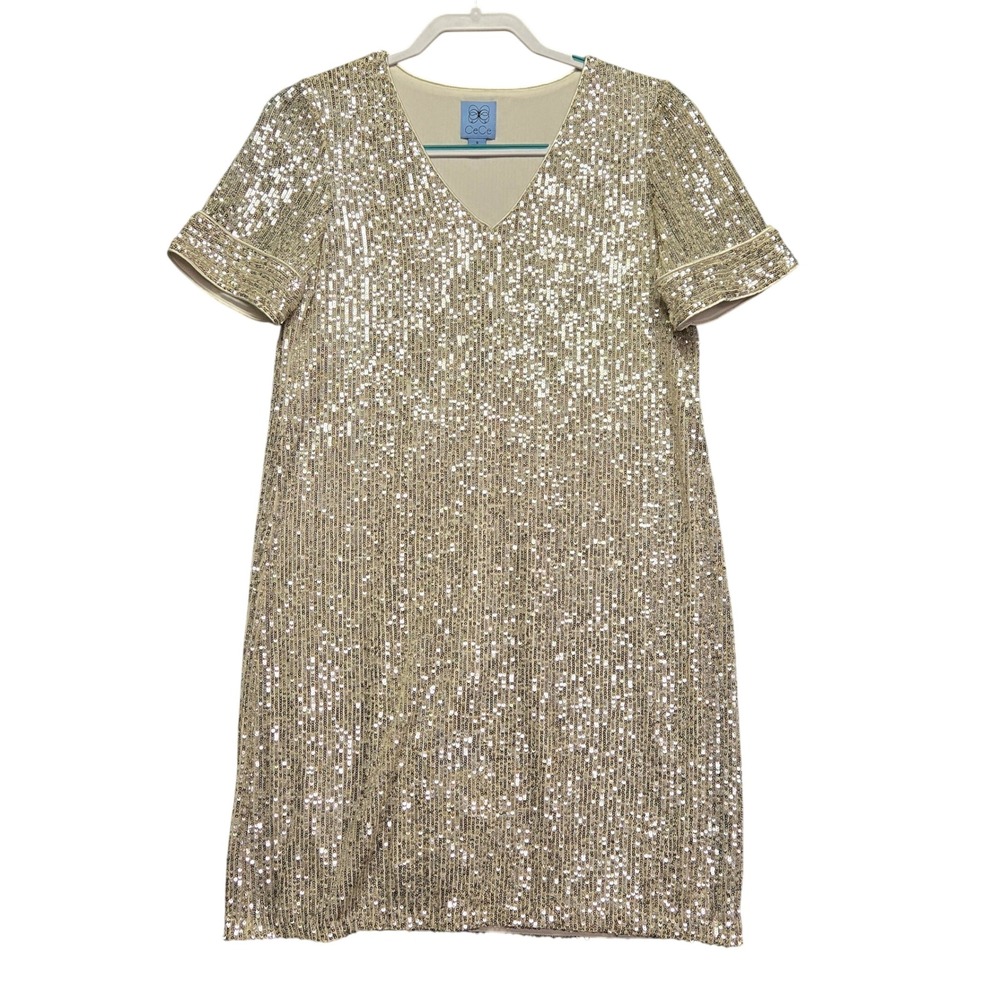 CeCe Women Silver Sequin V-Neck Shift Dress Short Sleeve S Party Cocktail NYE